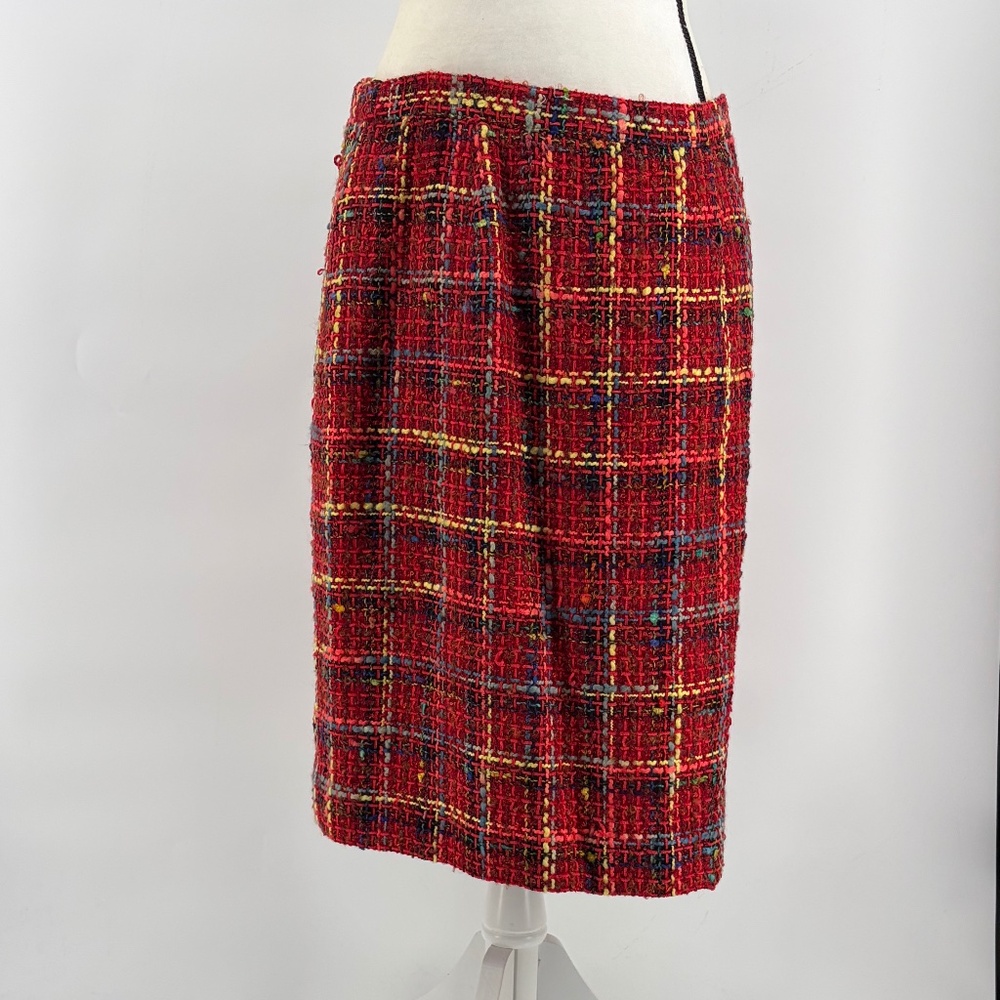 Vintage Women's Skirt Red Boucle Union-Made Wool 10 Plaid Academia Tartan Pencil